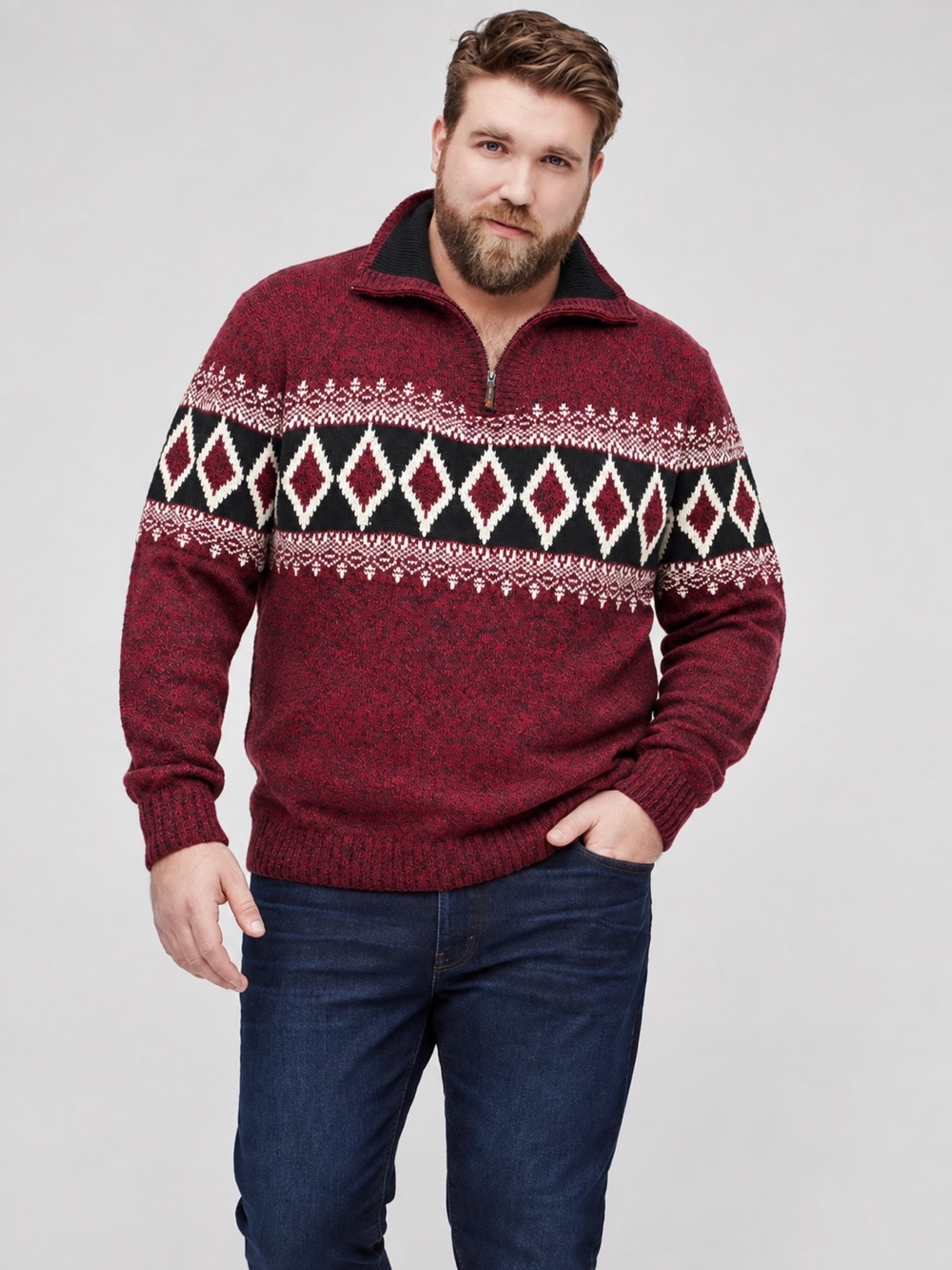 Pronti Collection by Phita 4XL Fair Isle Quarter Zip Sweater Burgundy